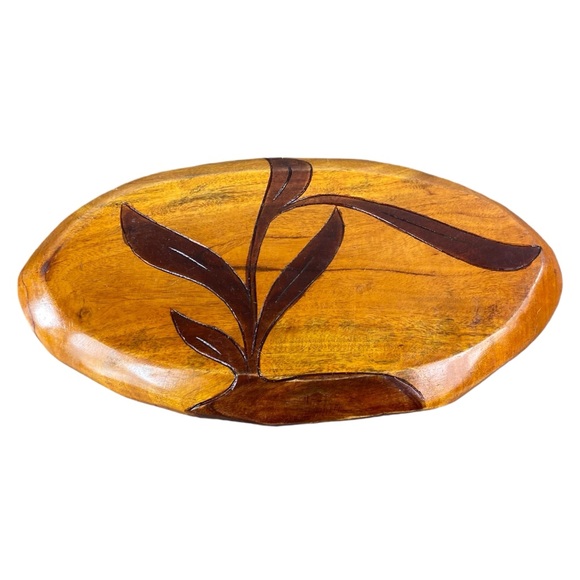 Vintage hand carved wooden floral pattern monkey pod serving dish - Picture 6 of 8